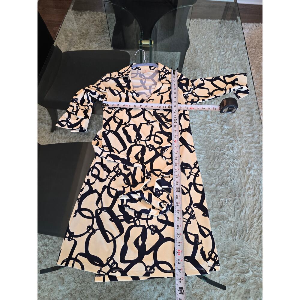 Julie Brown Shift Dress S Navy Ivory Peruzzi Wrap Tie-Waist 3/4 Sleeve Party - Picture 7 of 9